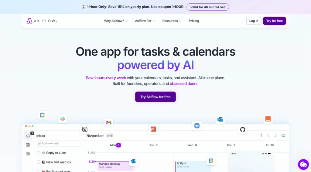 Akiflow 원본 사이트 히어로 캡처