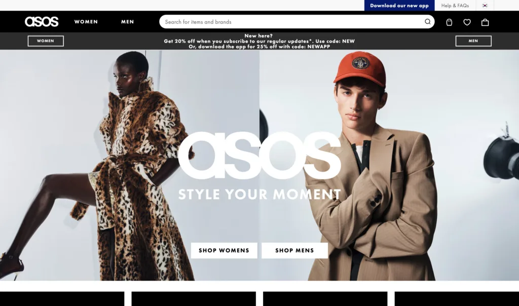 ASOS — 현대적인 인터페이스와 디지털 프로덕트 UX 원본 사이트 히어로 캡처
