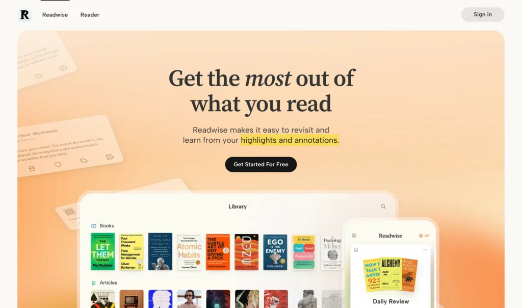 Readwise — 현대적인 인터페이스와 디지털 프로덕트 UX 원본 사이트 히어로 캡처