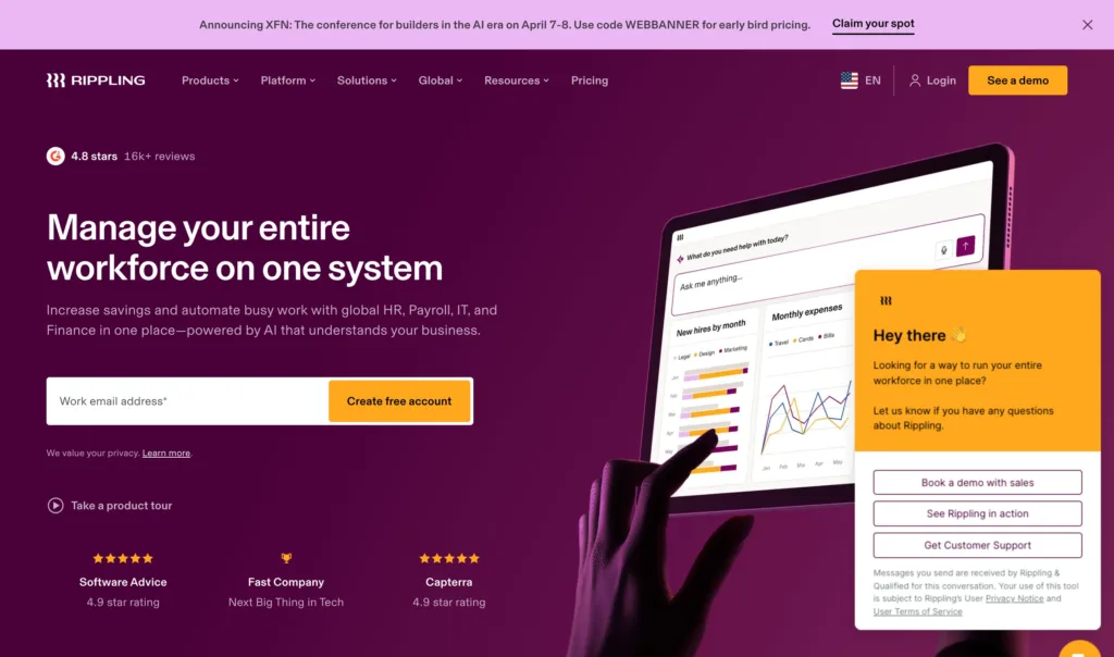 Rippling — 현대적인 인터페이스와 디지털 프로덕트 UX 원본 사이트 히어로 캡처