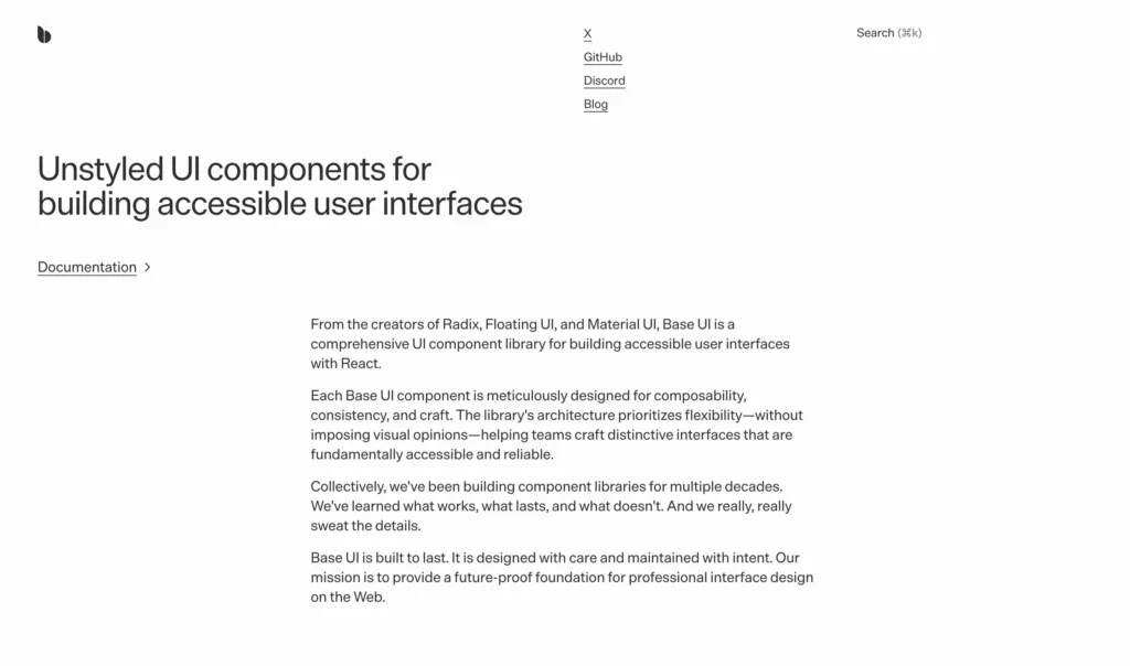 Base UI — 현대적인 인터페이스와 디지털 프로덕트 UX 원본 사이트 히어로 캡처