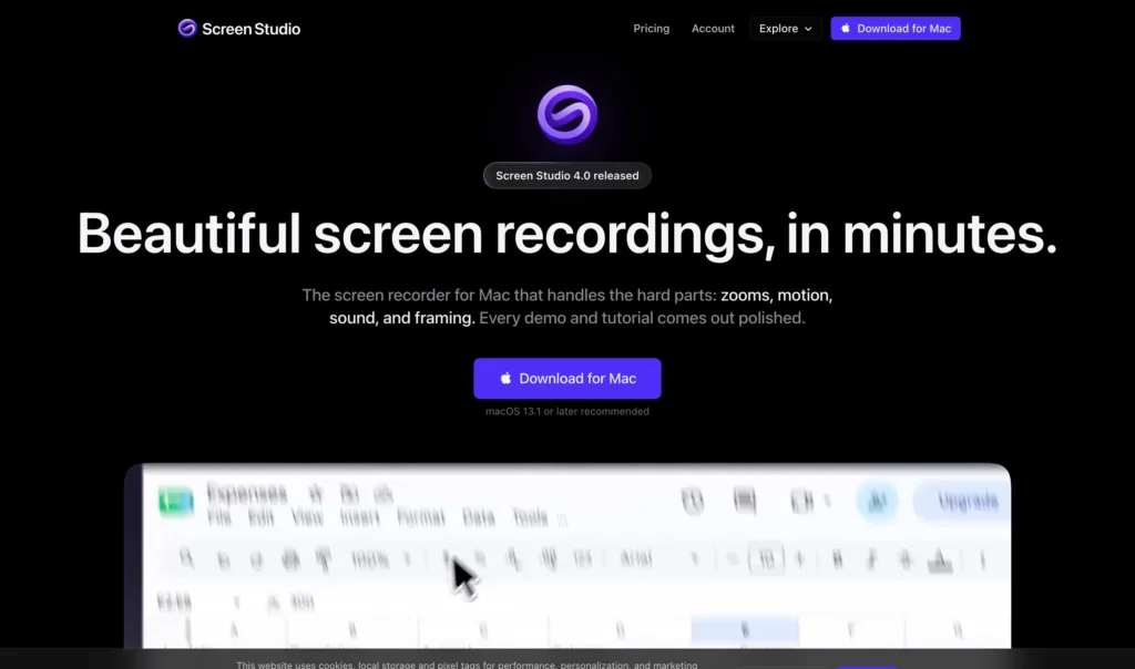 Screen Studio — 현대적인 인터페이스와 디지털 프로덕트 UX 원본 사이트 히어로 캡처