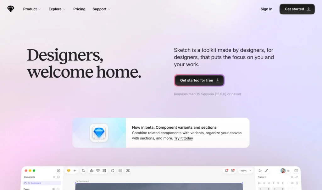 Sketch — 현대적인 인터페이스와 디지털 프로덕트 UX 원본 사이트 히어로 캡처