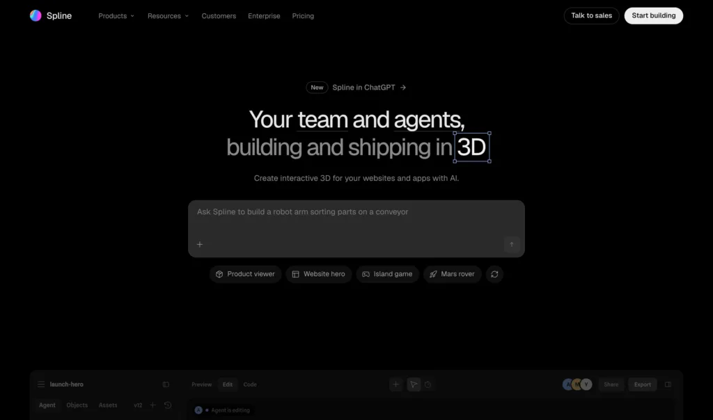 Spline — 현대적인 인터페이스와 디지털 프로덕트 UX 원본 사이트 히어로 캡처