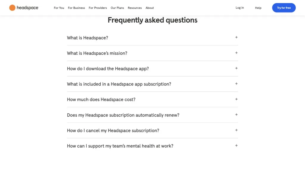 Headspace / 자주 묻는 질문 원본 사이트 직접 캡처