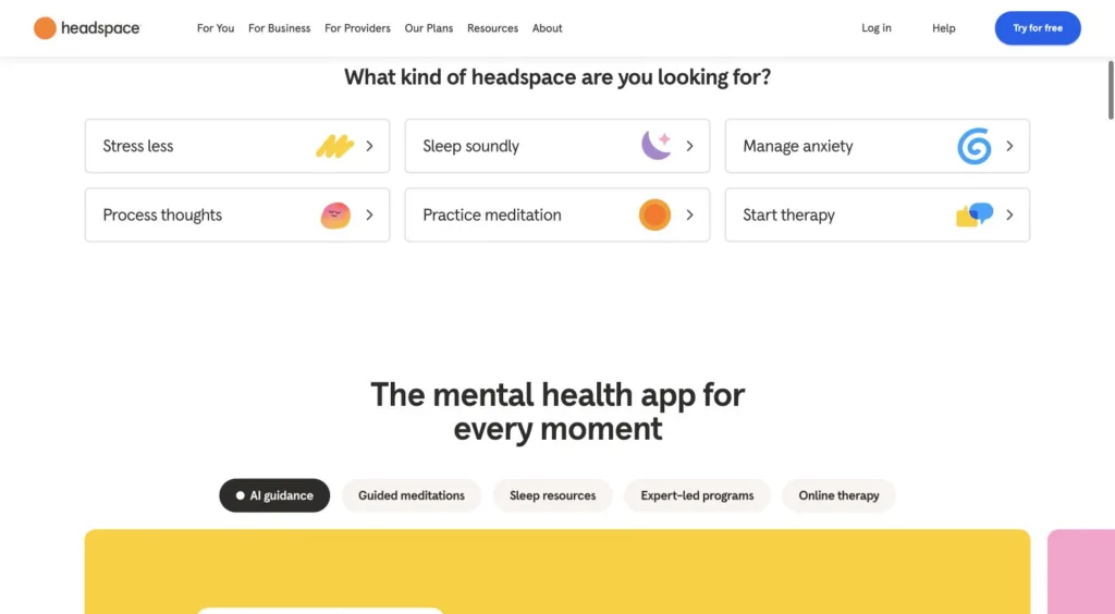 Headspace / 필요한 도움을 고르는 진입점 원본 사이트 직접 캡처