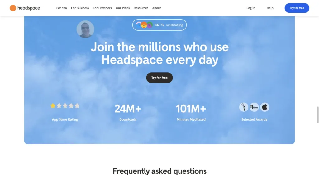 Headspace / 회원 규모와 시작 안내 원본 사이트 직접 캡처