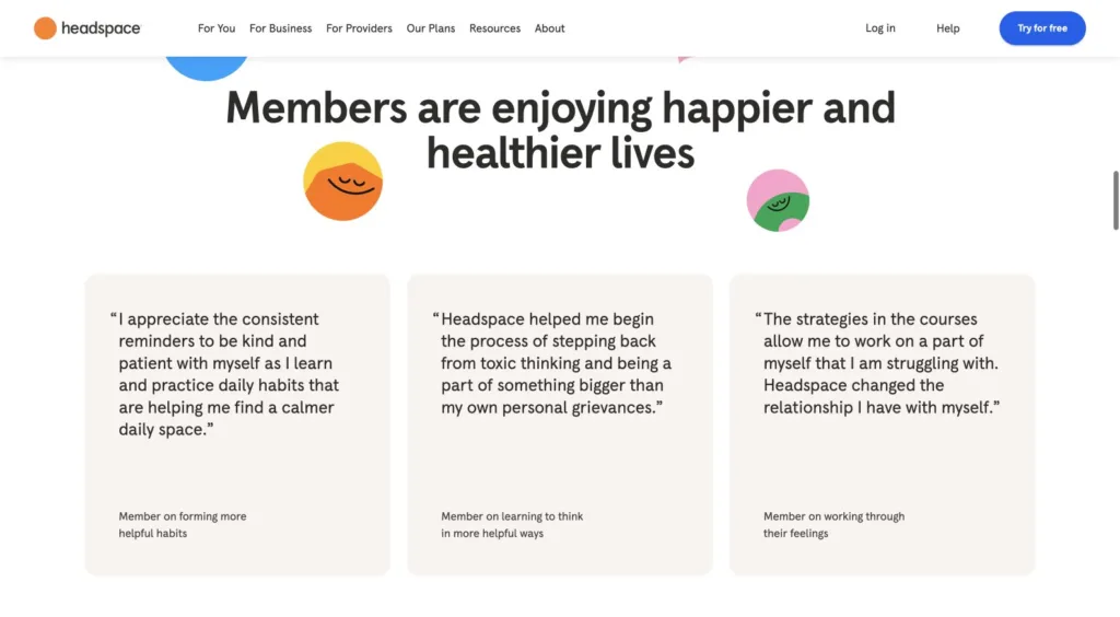 Headspace / 회원 경험과 후기 원본 사이트 직접 캡처