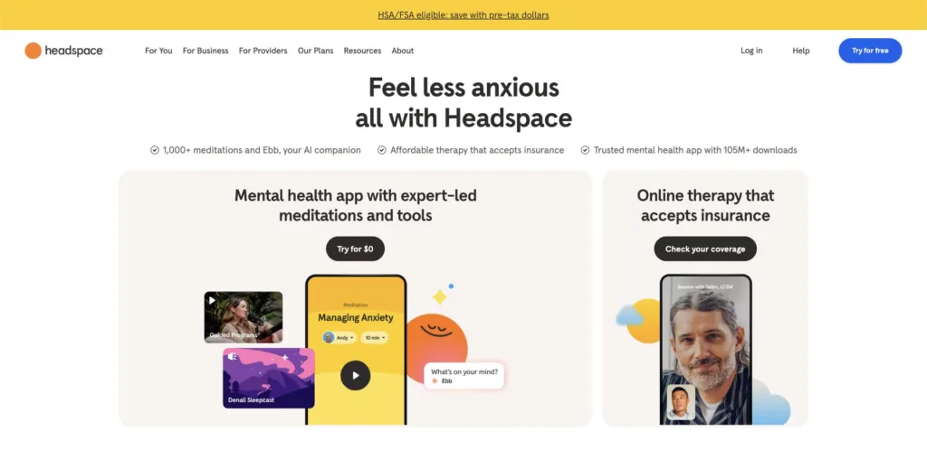 Headspace / 명상과 상담 서비스 히어로 원본 사이트 직접 캡처