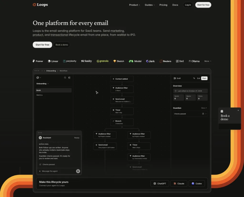 Loops / 히어로와 이메일 워크플로 예시 원본 사이트 직접 캡처