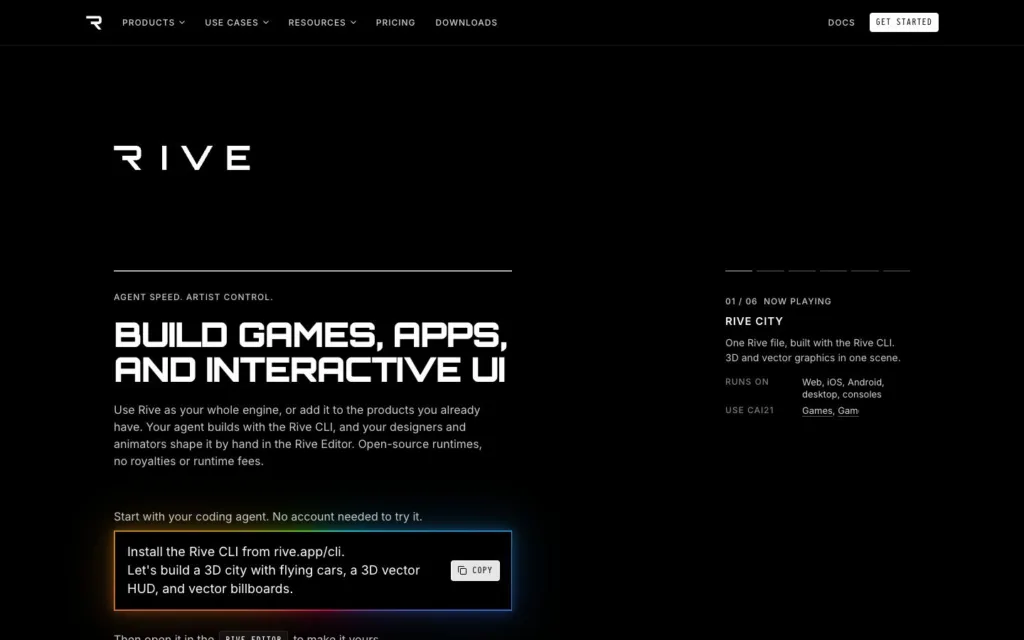 Rive 원본 사이트 첫 화면 직접 캡처