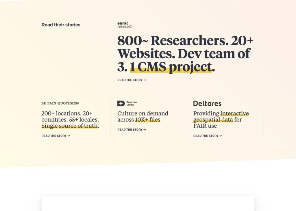 DatoCMS / 800+ 연구원·20+ 웹사이트를 통합한 고객 스토리 그리드 원본 사이트 직접 캡처