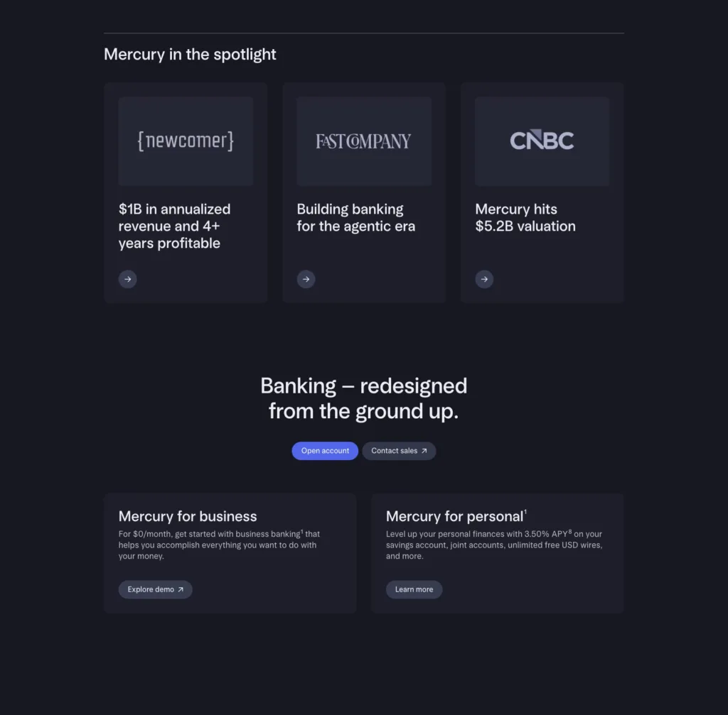 Mercury / 주요 외신 보도 카드와 비즈니스·개인 뱅킹 시작 CTA 원본 사이트 직접 캡처