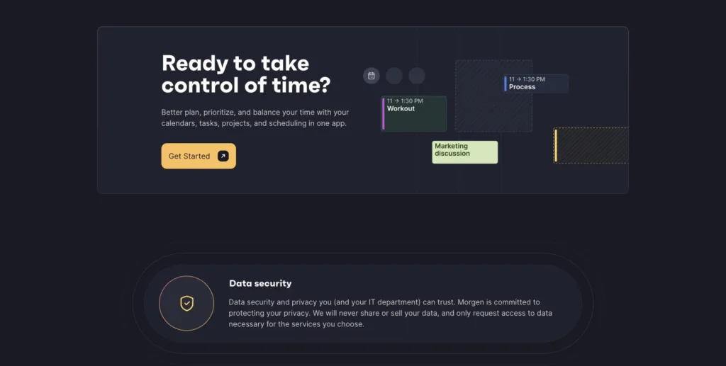 Morgen / 시간 관리 시작 CTA 배너와 데이터 보안 원칙 안내 원본 사이트 직접 캡처