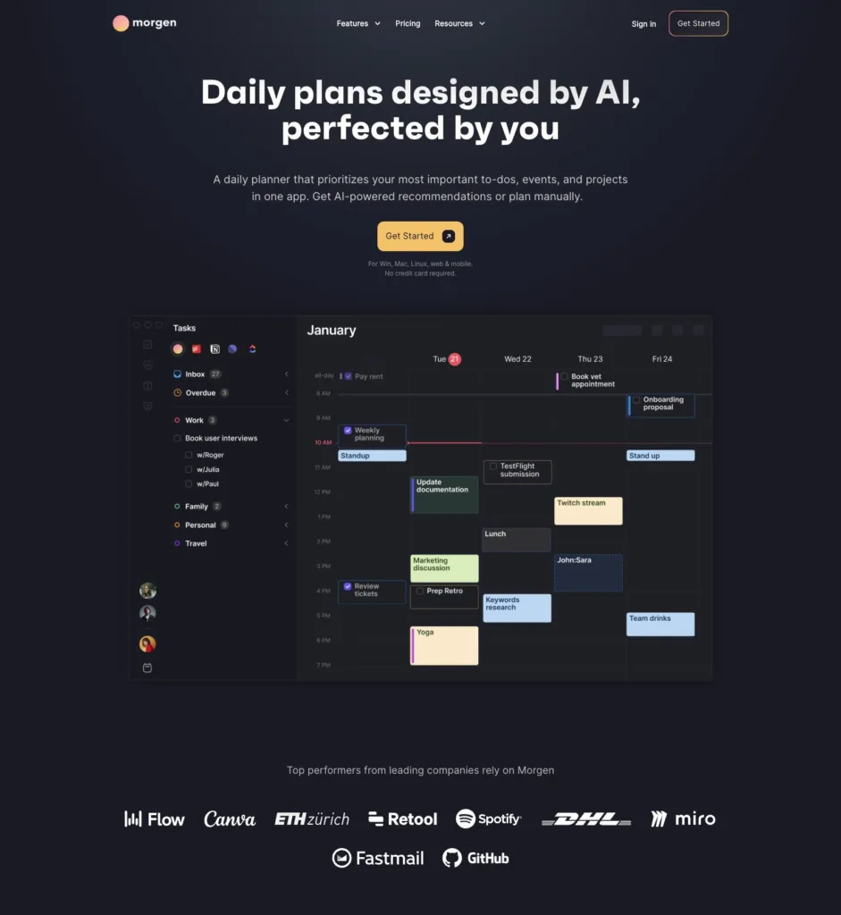 Morgen / AI 일일 계획과 수동 조율을 결합한 다크 캘린더 히어로 원본 사이트 직접 캡처