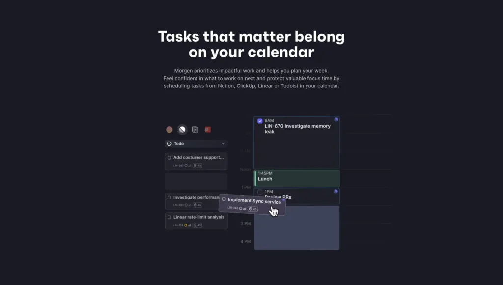 Morgen / Notion·Linear·Todoist 할 일을 캘린더 타임블록으로 배치 원본 사이트 직접 캡처