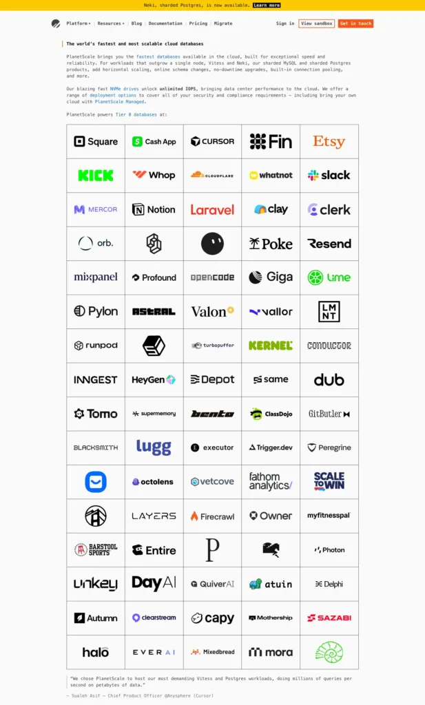 PlanetScale / 고정폭 타이포그래피 소개와 대규모 도입 기업 로고 격자 원본 사이트 직접 캡처