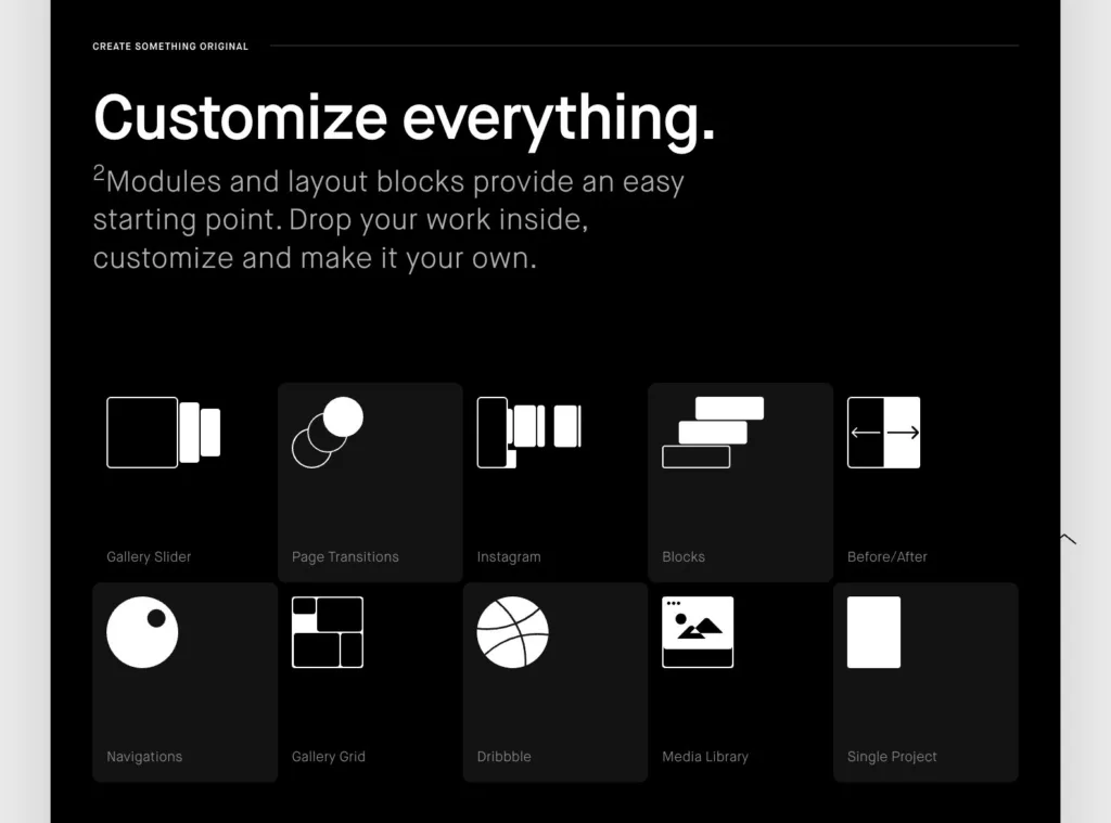Semplice / 레이아웃 블록과 커스텀 모듈 아이콘 그리드(Customize everything) 원본 사이트 직접 캡처