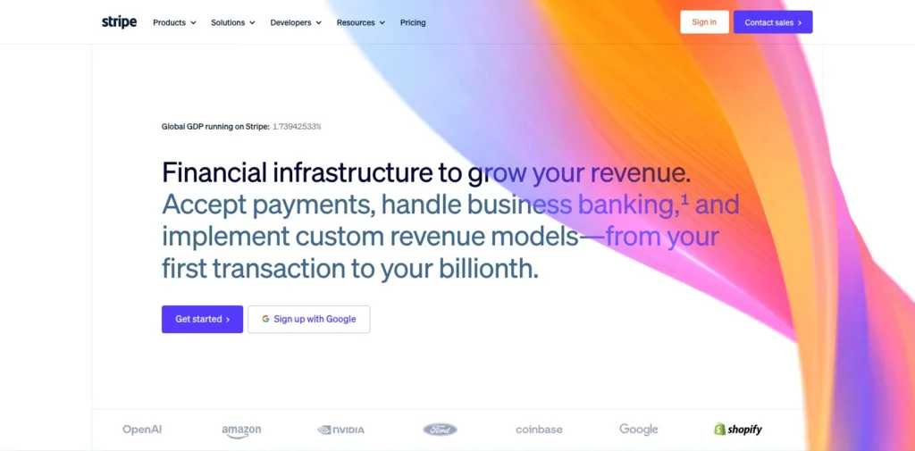 Stripe / 컬러 리본 그래픽과 글로벌 선도 기업 로고를 둔 히어로 원본 사이트 직접 캡처
