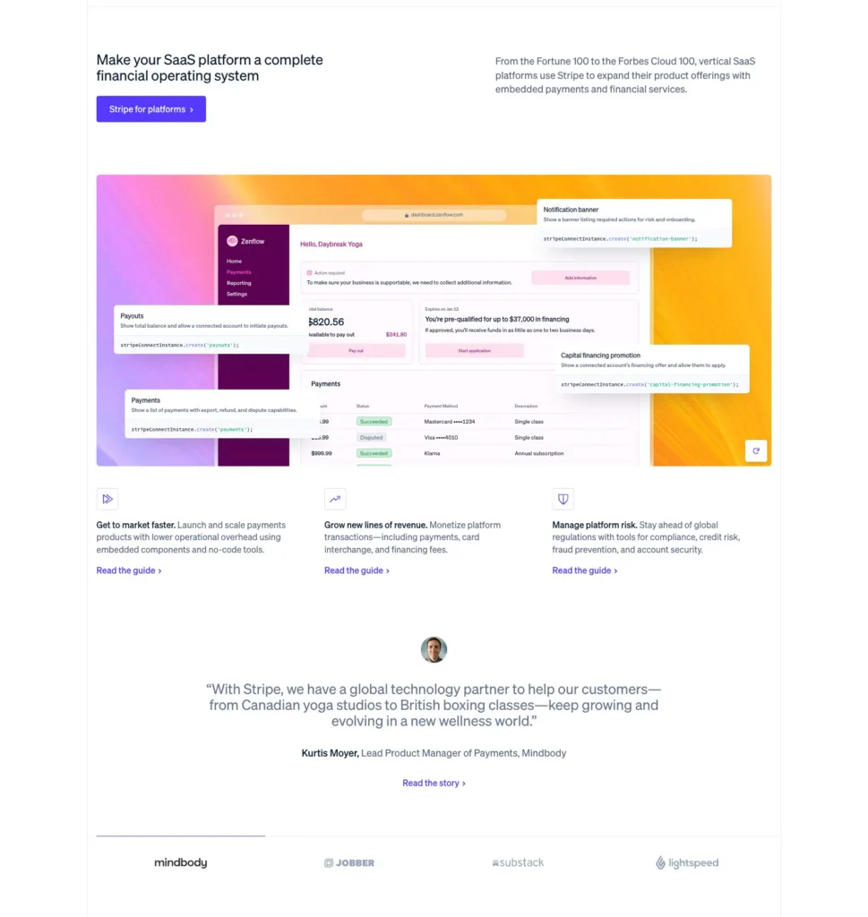 Stripe / SaaS 플랫폼을 위한 임베디드 금융 OS 시연과 추천사 원본 사이트 직접 캡처