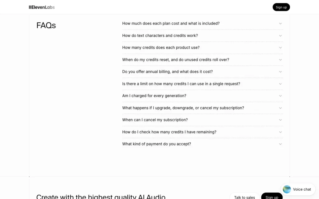 ElevenLabs / 요금 관련 FAQ 원본 사이트 직접 캡처