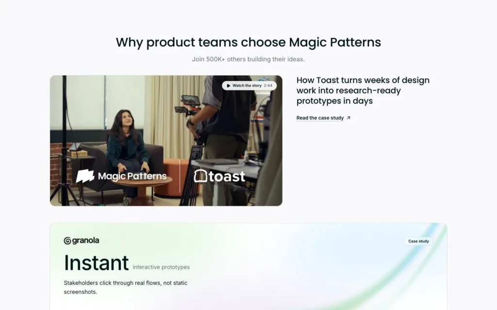 Magic Patterns / 고객 사례와 선택 근거 원본 사이트 직접 캡처