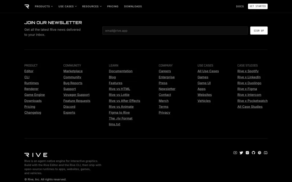 Rive / 뉴스레터와 푸터 원본 사이트 직접 캡처