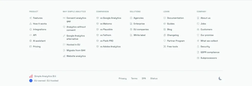 Simple Analytics / 제품·GA4 비교·솔루션·법적 규정 안내 푸터 원본 사이트 직접 캡처