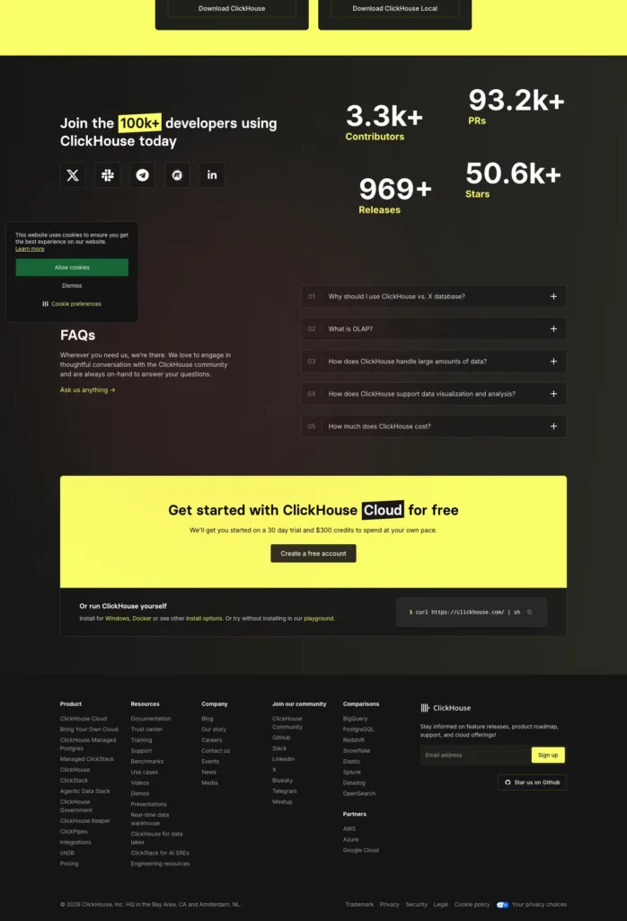 ClickHouse / 시작 CTA 및 다단 푸터 원본 사이트 직접 캡처