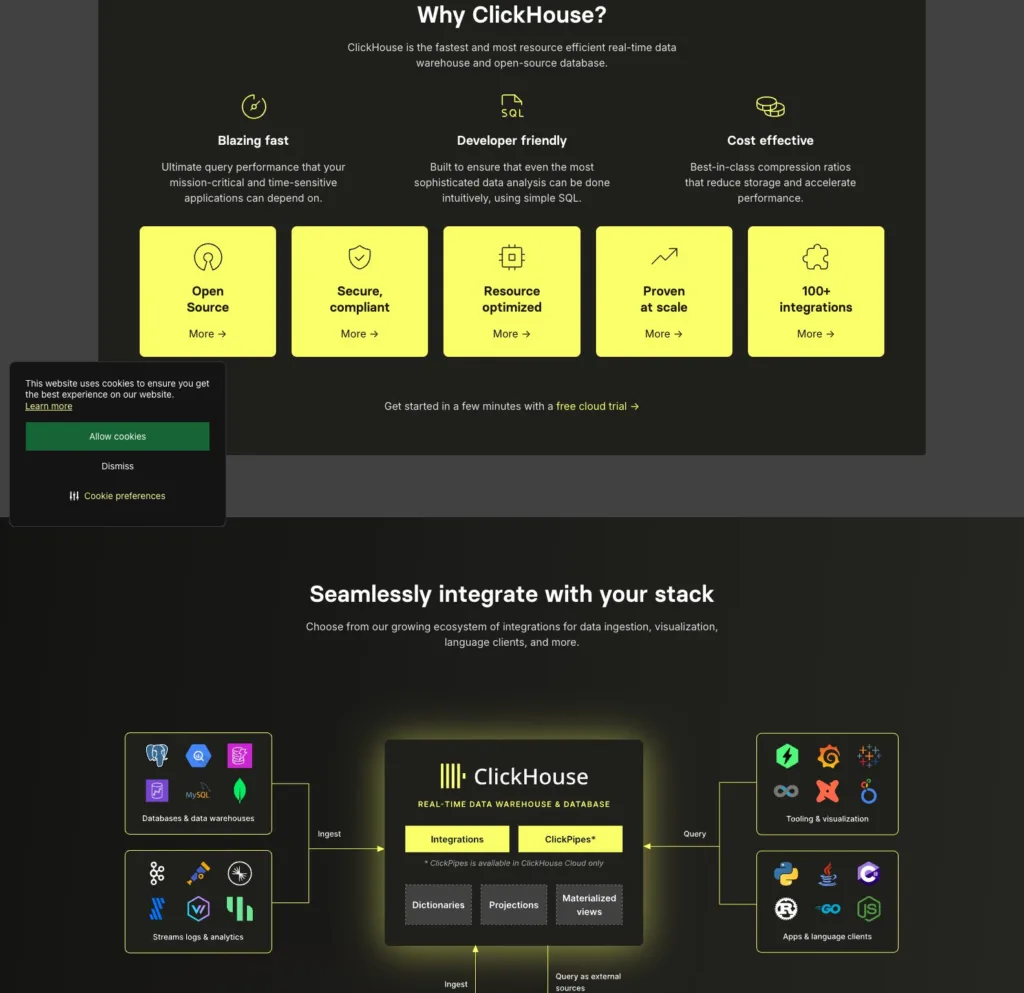 ClickHouse / 초고속 쿼리 속도, 개발자 친화성, 비용 효율성 원본 사이트 직접 캡처
